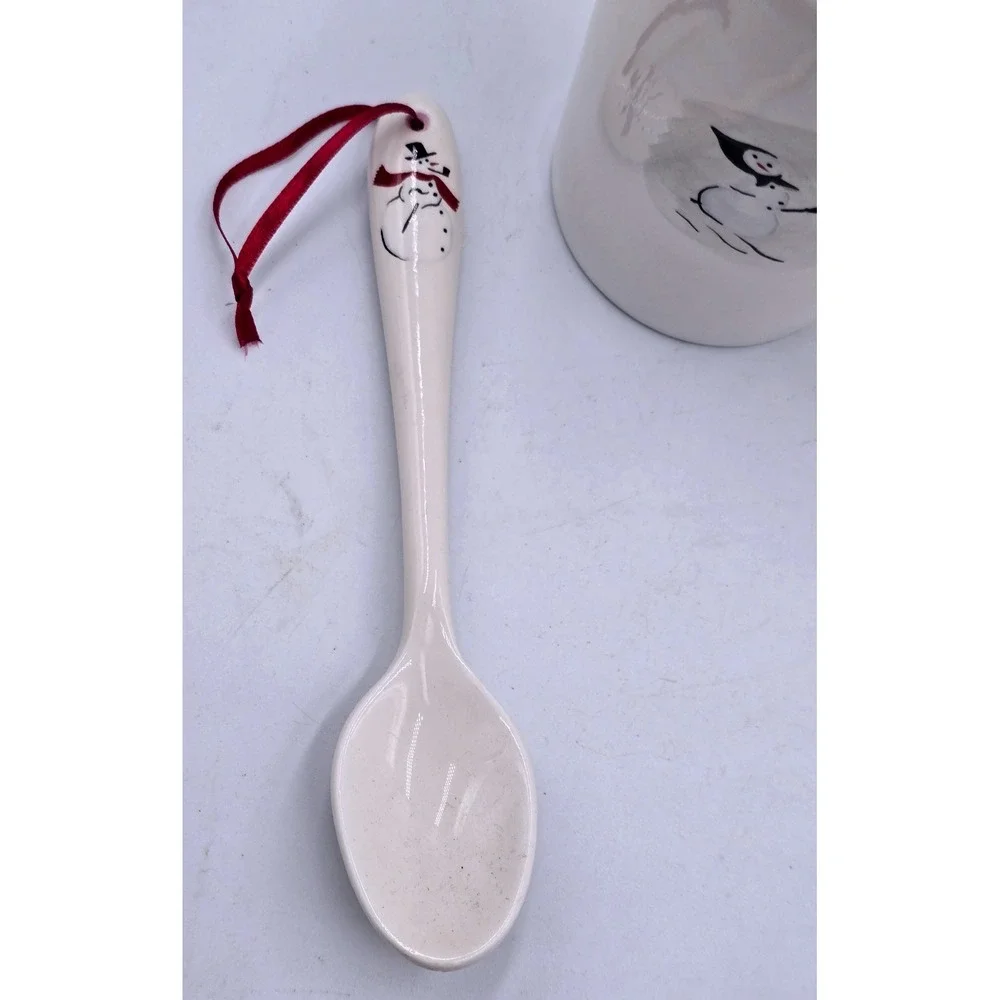 Williams Sonoma 10 oz. Snowman Ceramic Gift Mug with Spoon Set‎ Red Ribbon